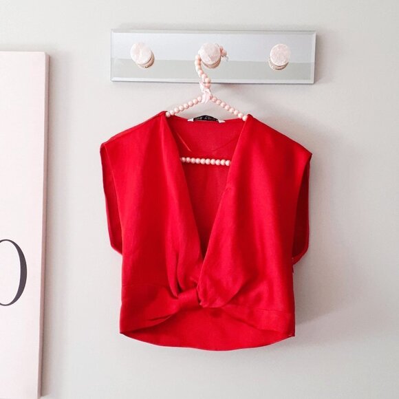 NWOT Zara red satin-effect linen blend plunge neckline sleeveless crop top, XS - Picture 11 of 13